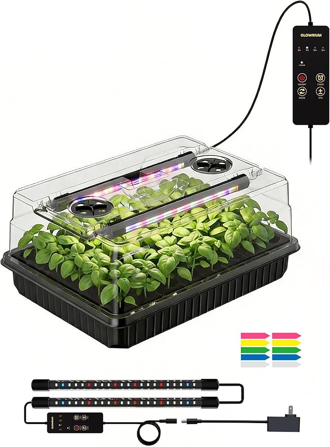 GLOWRIUM Seed Starter Tray with Full Spectrum Grow Light,54-Cell Seed Starter Kit with Humidity Dome,6-Setting Auto Timer,Adjustable Brightness for Indoor Plant (1-Pack)