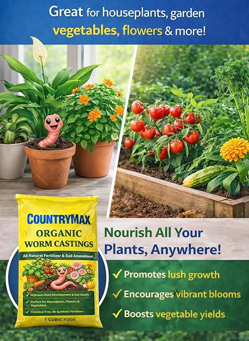 CountryMax Organic Worm Castings 16 Quart – All-Natural Soil Amendment for Strong Root Growth, Ideal for Houseplants, Flowers & Vegetables, Chemical-Free Organic Fertilizer