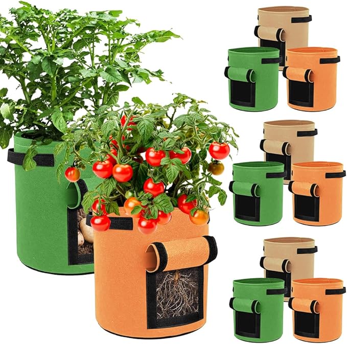 9 Pack Potato Grow Bags, Colorful Garden Planting Bag with Durable Handle and Harvest Window Nonwoven Fabric Growing Bags with Flap Tomato, Vegetable and Fruits (10 Gallon)