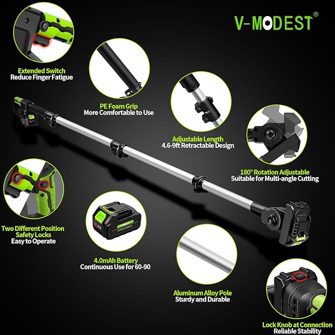 4-in-1 Pole Saw & Electric Pruning Shears, 8 Inch Pole Saws for Tree Trimming, Cordless Pruning Shears with 15ft Max Extension Pole, 2 * 4.0Ah Battery Powered Pole Saw Pole Pruner for Garden