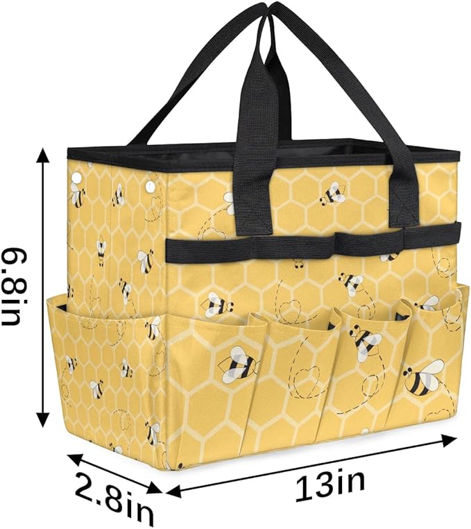Honeycomb Bee Garden Tool Bag for Women Waterproof & Reusable Heavy Duty Gardening Tote Storage Organizer Toiletry Bag with 10 Pockets for Garden Lawn Yard Casual Camp