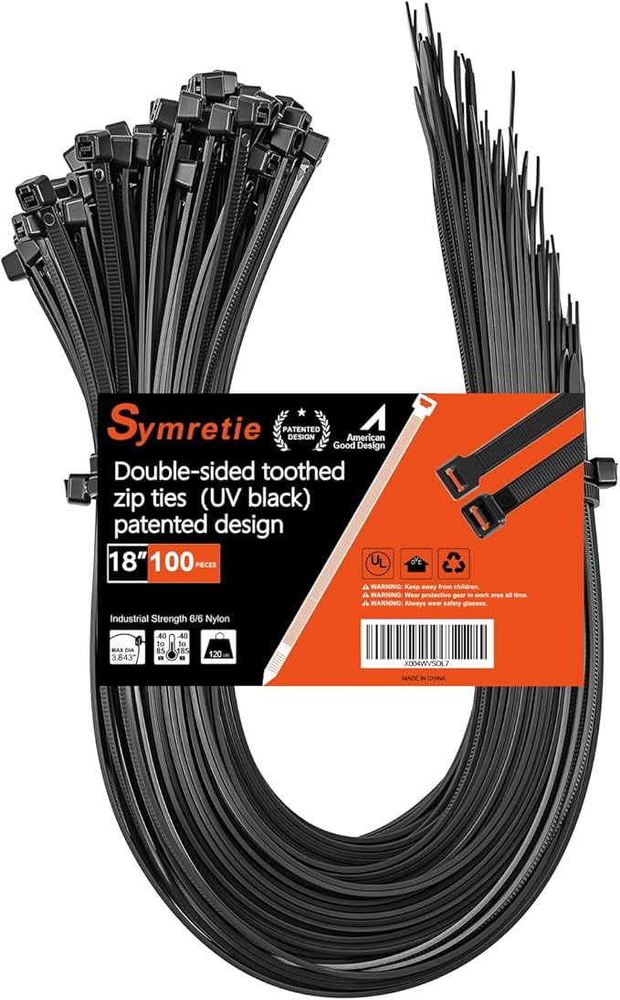 18" ─-double-sided tooth zip ties black. ─: 120lbs tensile strength. Heavy-duty, self-locking, adjustable, durable nylon ties for indoor/outdoor use. (100Pack black)