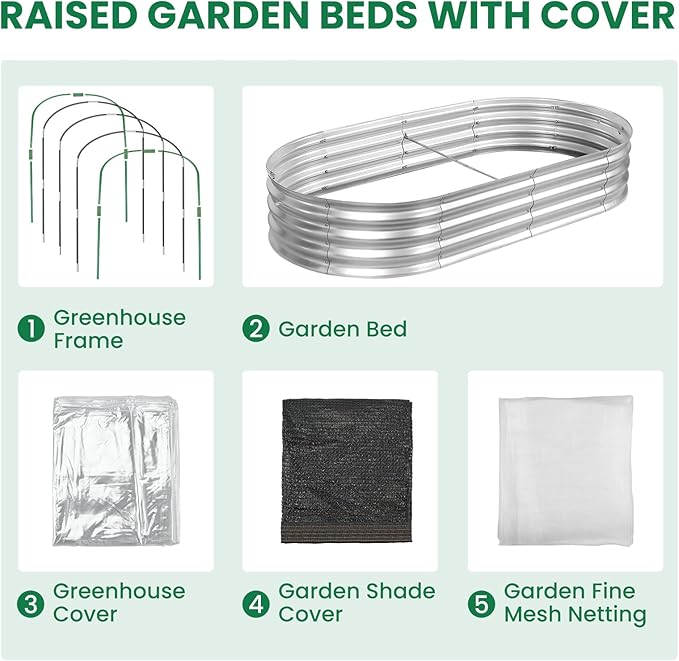 Raised Garden Bed with Greenhouse Frame and 3 Covers, 6x3x1 FT Garden Planting Box, Galvanized Metal Oval Tall Planter Box for Outdoor Gardening, Large Planting Space for Vegetables, Flowers