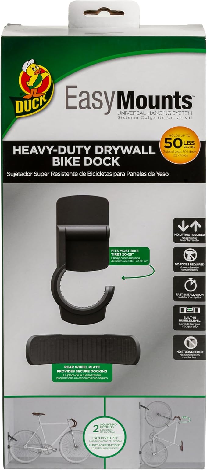 Duck EasyMounts Bike Hanger - Heavy Duty Wall Mount Bicycle Rack for Garage Organization & Storage - No Tool Install - Up to 50 Lbs - Black, Pack of 1 Tire Hook, Wheel Dock & All Hanging Hardware
