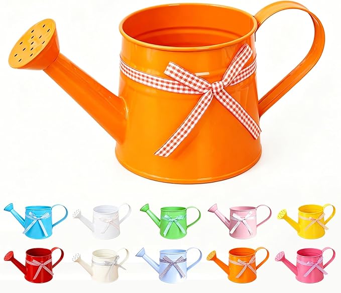 White Metal Watering Can 1 Gallon, Small Galvanized Steel Watering Can with Sprinkler Head for Indoor and Outdoor Plants, Vintage Decorative Gardening Tool (Orange)