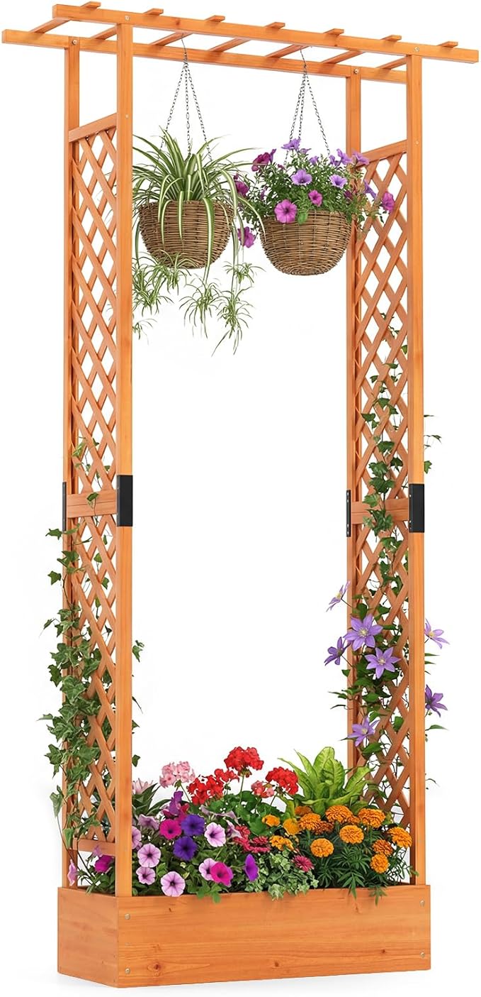 S AFSTAR Raised Garden Bed with Trellis, 2-in-1 Fir Wood Planter Box with Flat Roof & Drainage Holes, Vertical Planter Raised Bed for Climbing Plants, Flowers & Vegetables, 43" x 14" x 89" (Orange)