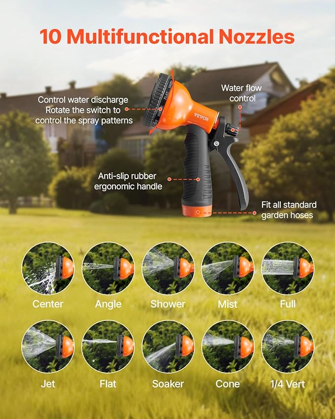 VEVOR Garden Hose Metal 100FT – Heavy Duty Stainless Steel Water Hose, Flexible, No Kink & Tangle, Puncture Resistant & Rust Proof, Lightweight w/ 10-Function Spray Nozzle for Yard, Outdoor, Gardening