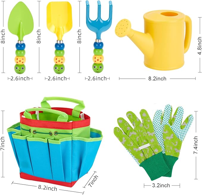 FITNATE Green Kids Garden Tools Set,6 PCS Gardening Tools for Kids Including Watering Can, Shovel, Rake, Fork, Children Gardening Gloves and Garden Tote Bag, All in One Set