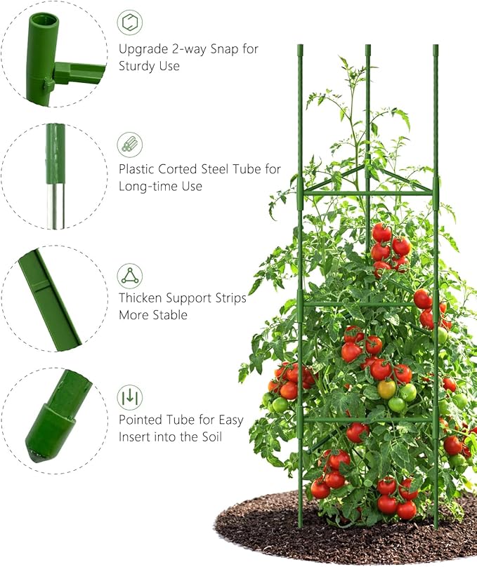 Growsun 51 inch Tomato Cage Heavy-Duty Plant Support Cucumber & Vine Vegetables – Adjustable Green Metal Garden Trellis for Climbing Plants, Indoor & Outdoor Use, 3 Pack