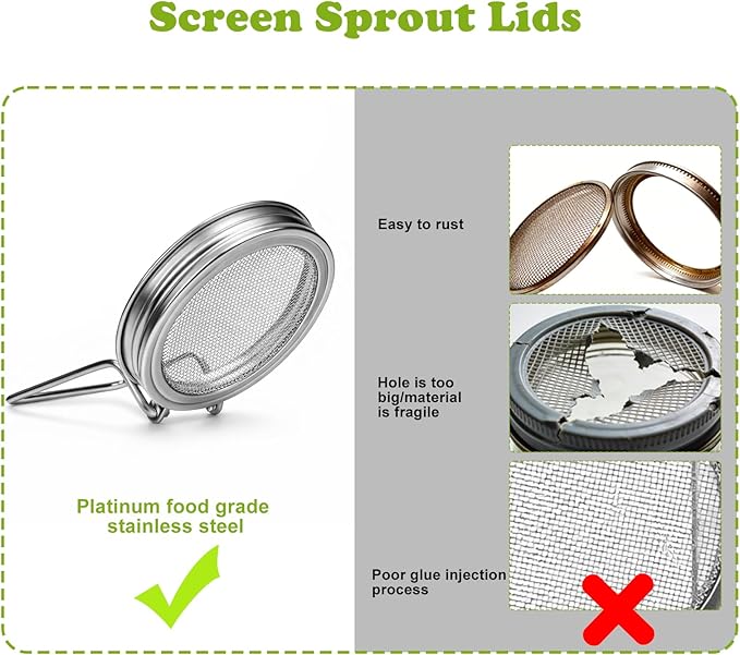 Palksky Sprouting Lids for Wide Mouth Mason Jars, 6Pack Reusable Stainless Steel Screen Bean Sprouts Growing Lid for Organic Alfalfa Broccoli Seeds Mung Bean Plant Germination Kits
