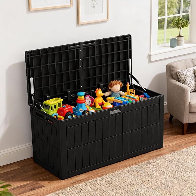 100 Gallon Outdoor Storage Box, Black Resin Deck Box, Lockable, Weather-Resistant, 48x24x21 in, for Cushions, Pool Accessories, Garden Tools