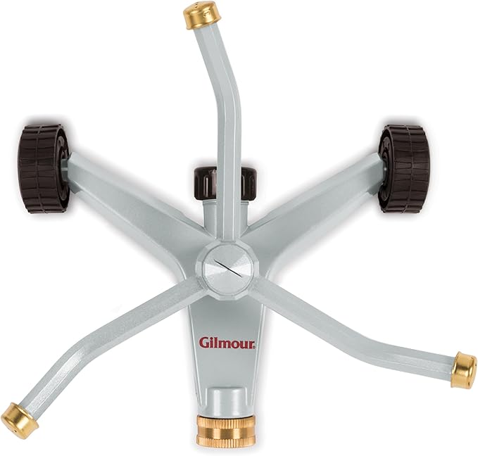 Gilmour Heavy Duty 692 Sq Ft Spinning Sprinkler with Wheeled Base, Metal Whirling Sprinkler Head for 360 Degree Coverage in Flower Beds and Vegetable Gardens