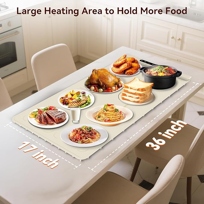 Graphene Warming Mat for Food with Dual Zone Control | XXL 36"x17" Electric Heating Tray | 6 Temp & Timer Settings | Food Warmer for Parties Buffets | Ideal Kitchen Gift for Mom & Wife (Beige)