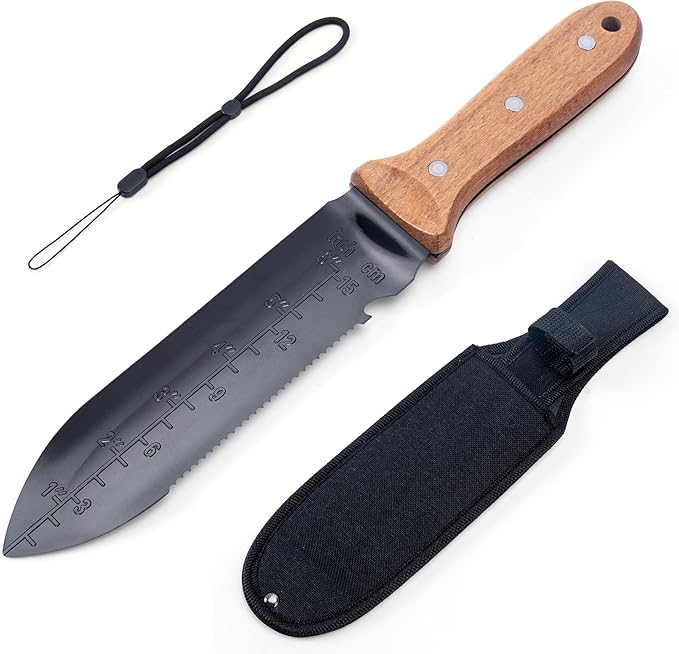 YANG Hori Hori Garden Knife, 7" Stainless Steel Gardening Knife with Oxford Cloth Sheath, Full Tang Beechwood Handle Garden Tool for Digging, Planting & Weeding, Pointed Tip for Hard Soil