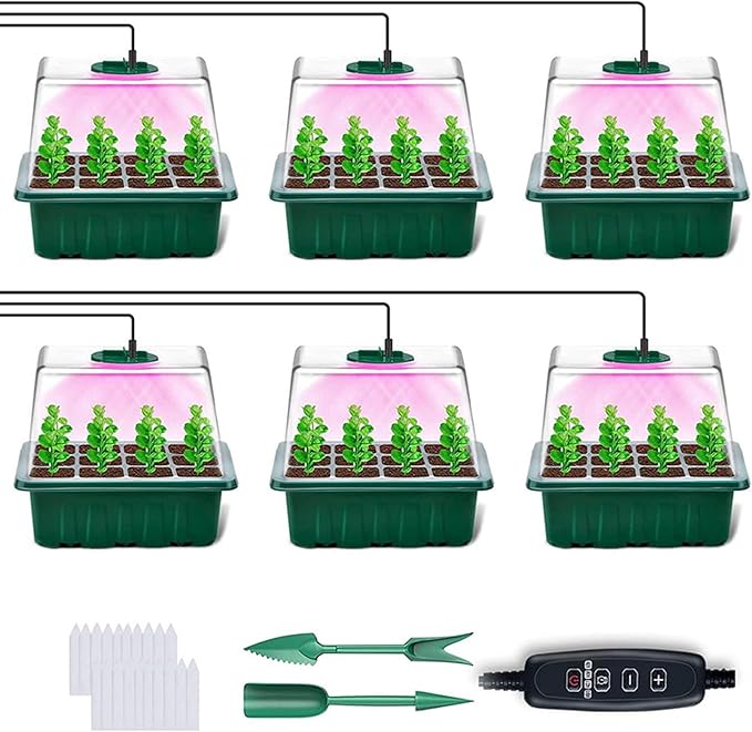 Plant Starter Kit with Reusable Transparent Tray & Adjustable Ventilation, Full LED Grow Light with 5 Brightness Levels - Ideal for Indoor Gardening & Seed Germination