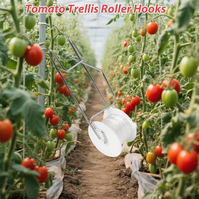 Tomato Support Hooks with String,10 Pack Tomato Trellis Roller Hooks with 49.2FT String for Plant,Greenhouse Tomato Flower Vine Twine Crop Trellis Kit Plant Roller Hook