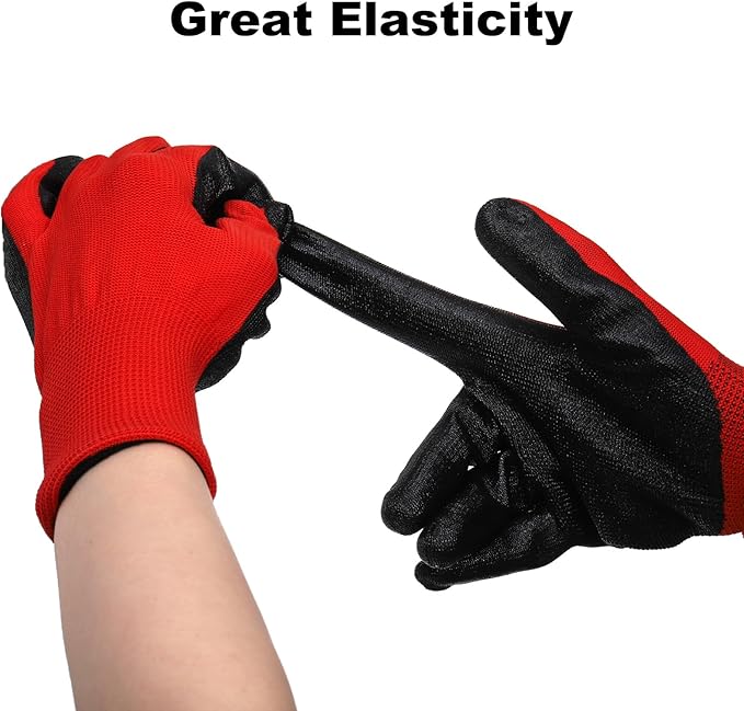 Lawei 48 Pairs Gardening Gloves for Men Women, 9 Inch Rubber Coated Safety Work Gloves Bulk, Breathable Reusable Garden Gloves for Weeding, Digging, Raking, Pruning and Construction, Black and Red