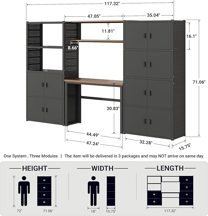FLEXIMOUNTS Garage Storage Cabinet System, 3-in-1 Modular System with Integrated Workbench, Cabinets & Pegboard, 24-Gauge Steel, 117" L, 6-Door Cabinet for Garage Workshop, Black, FLEXIMOD Series