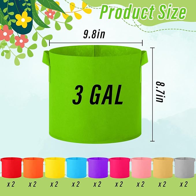 Colored Fabric Grow Bags Bulk Colorful Plant Grow Bags Nonwoven Fabric Pots with Handles Seeds Vegetables Tomato Planter Grow Buckets for Outdoor Garden Fruits Flower, 10 Colors(20 Pack,3 Gal)