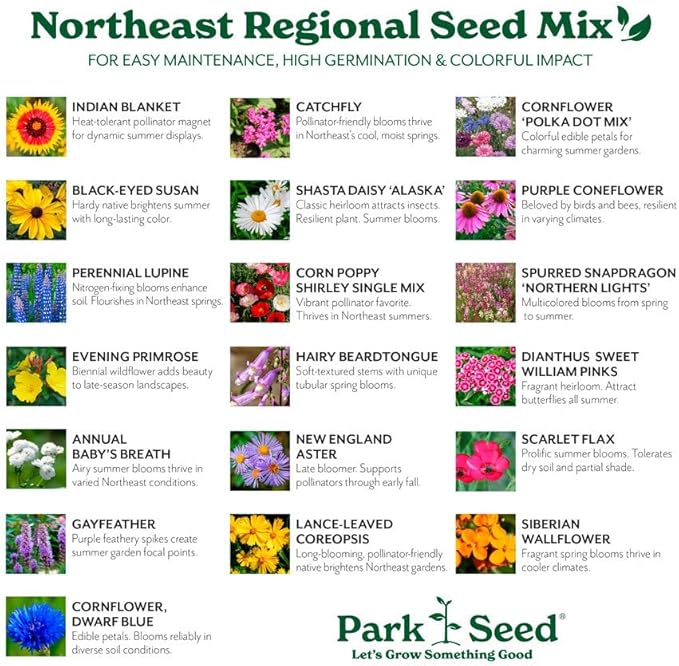 Park Seed Grow Your Own Vibrant Annual and Perennial Wildflower Garden Seeds Mixture, Easy to Grow Varieties for Pollinators and Spring Gardens - Northeast Regional Mix, 50 lbs