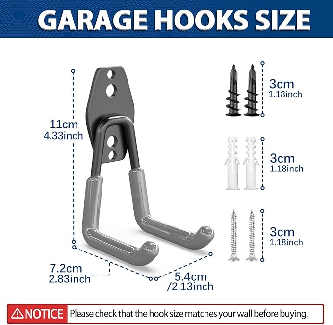 3-H Garage Wall Hooks Heavy Duty 8 Pack, Anti-Slip Steel Wall Mount Storage Hooks for Hanging Ladder Garden Yard Tools, Utility Organizer for Garage Lawn Shed(Gray)