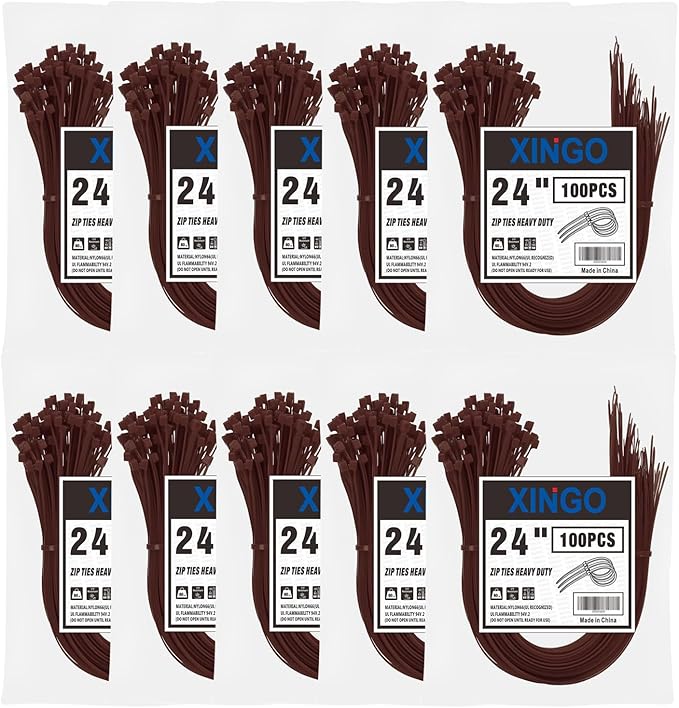 XINGO 1000 PCS 24 Inch Brown Zip Ties Heavy Duty, 60lb Tensile Strength, UV Resistant Cable Ties for indoor and outdoor use