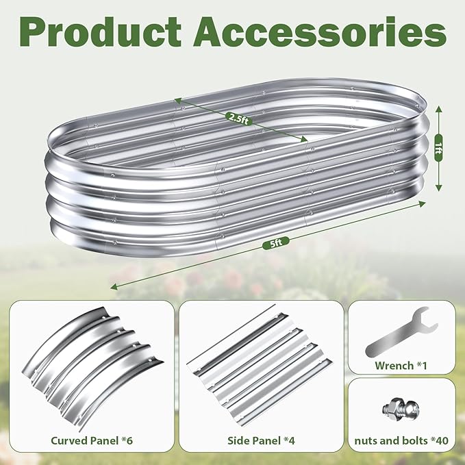 Galvanized Raised Garden Bed Outdoor, 5x2.5x1ft Metal Heavy Duty Planter Boxes for Gardening, Easy Assemble Small Oval Plant Container Kit for Vegetables, Flowers, Fruits, Silver, 1 Pack