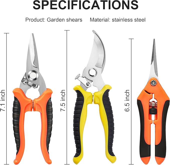 3 Pack Stainless Steel Garden Shears Pruning Set, Bypass, Serrated, and Straight Blade Scissors for Trimming Flowers, Branches, Stems - Perfect Pruners for Gardening & Plant Care
