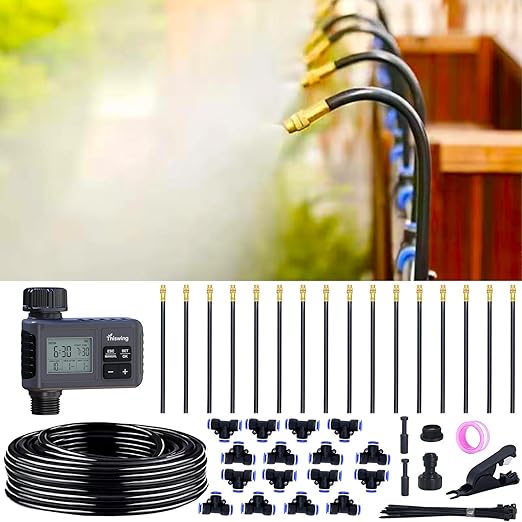 360° Adjustable Drip Irrigation System - 50FT Garden Watering Atomizing System with 16 Nozzles & Water Timer, Greenhouse Accessories for Yard, Lawn, Plants, Garden, 5/16 inches Tubing