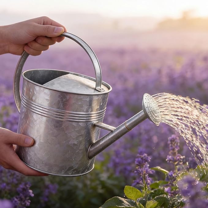 9.5L Metal Watering Can for Outdoor Garden, Galvanized Steel Large Watering Pot with Top Handle and Long Spout, Rust-Resistant Water Can for Flowers, Lawns, and Farm Use