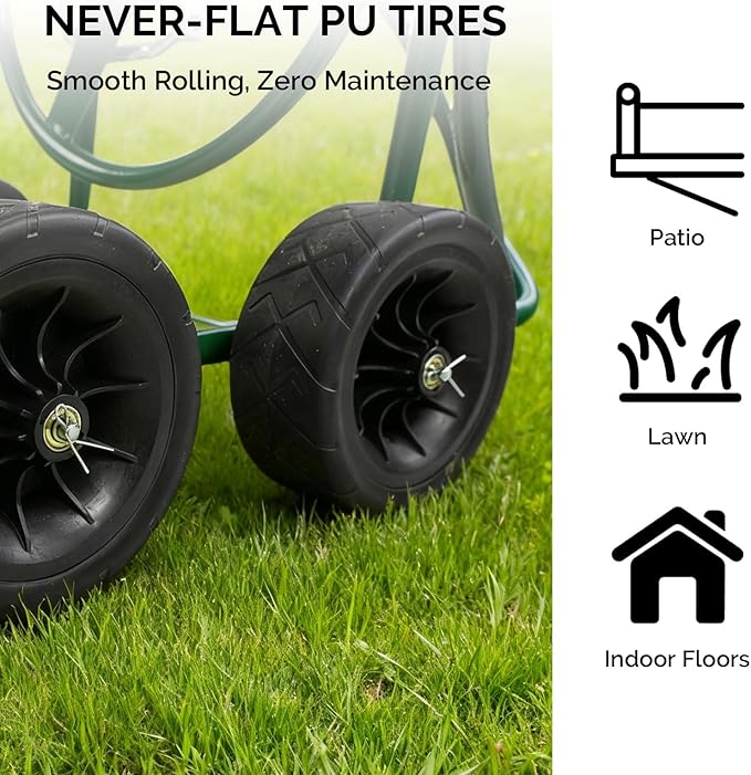 VINGLI 4-Wheel Garden Hose Reel Cart with Storage Basket, Portable Residential Hose Reel Cart, Lawn Watering, for Garden Backyard and Farm (Green 250FT)