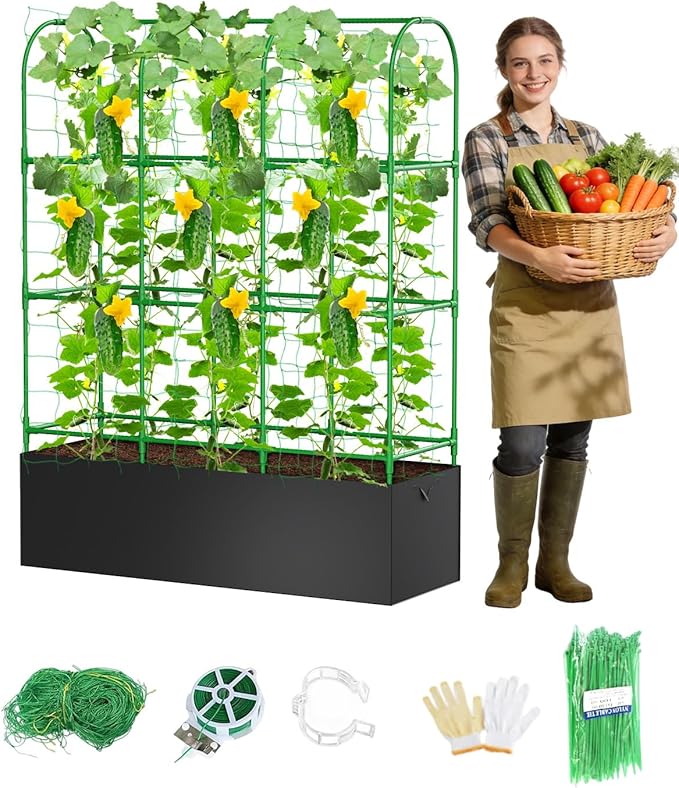 Cucumber Trellis with Grow Bags for Garden, U Frame Garden Trellis for Climbing Plants, Metal Plant Trellis with Garden Netting for Vegetables Flowers Fruits(U-4 Arches)
