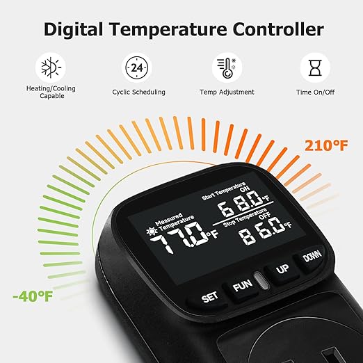 Reptile Thermostat Temperature Controller, Digital Timer Dimming Outlet for Greenhouse, Reptile Tank, Heat Pad, Seedlings, Fermentation, Brewing, Cyclic Timing/Countdown, 15A/1800W, VA Display