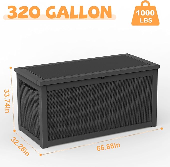 320 Gallon Outdoor Storage Deck Box Waterproof Resin Lockable Outside Bench Porch Patio Furniture Pool Float Garden Tool Cushion UV Resistant Bin Black