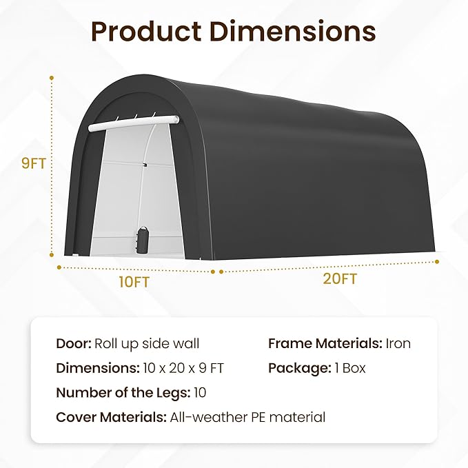 Kiss the Water Domed Carport with 4 Cloth Bags, Portable Garage with 2 Roll-up Doors, Heavy Duty Car Canopy Party Tent, All-Season Storage Shelter Shed for Cars, Truck, or Garden Tools, 10' x 20'