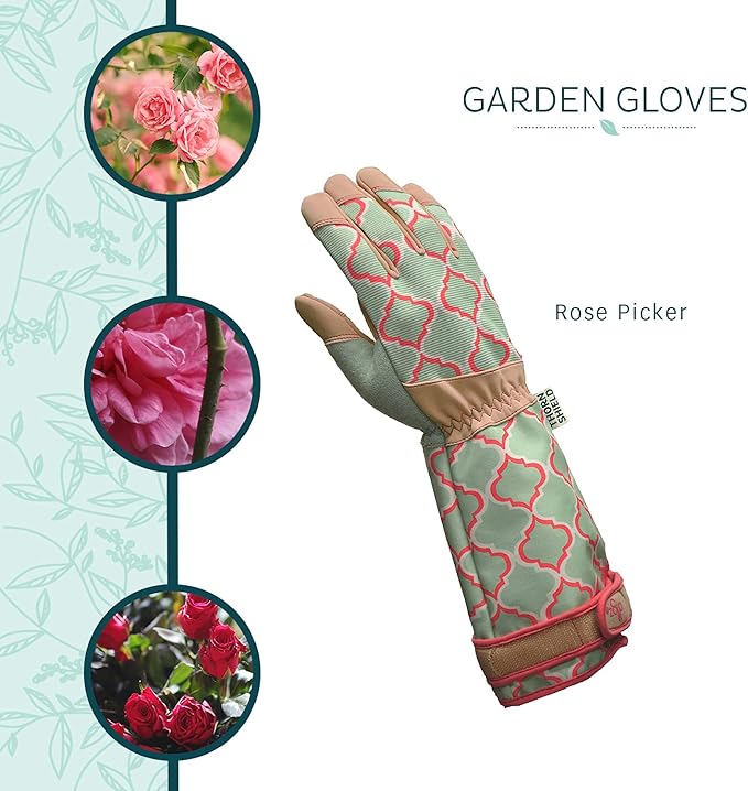Digz Rose Pruning Vegan Leather Garden Gloves, Long Forearm Protective Cuff with Touchscreen Compatible Finger Tips, Red Geometric Pattern, Medium