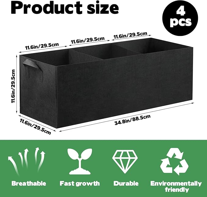 CIEOVO 4 Pack Fabric Raised Garden Bed, 22 Gallon 3 Grids Breathable Garden Growing Bags with Handle, Garden Grow Planter Bags Plant Bed for Growing Herbs Flowers and Vegetables