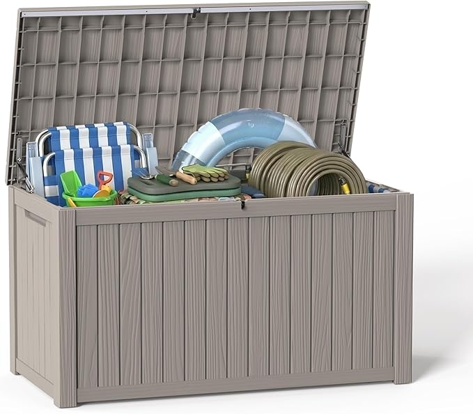 200 Gallon Outdoor Storage Deck Box Waterproof Resin Lockable Outside Bench Porch Patio Furniture Pool Float Garden Tool Cushion UV Resistant Bin Beige