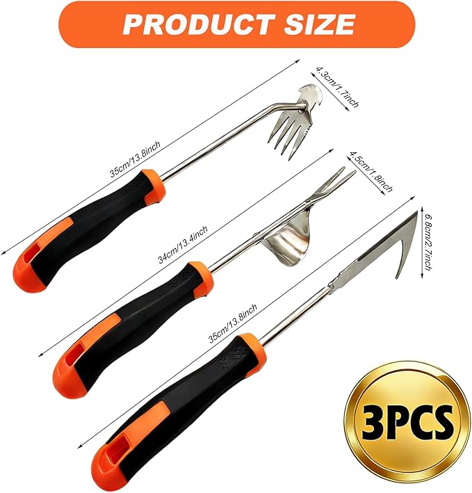 3-Piece Garden Weeder Tool Set, Rubber Grip Hand Weeder, 4-Tine Uprooting Puller & Crevice Weeder, Portable Weeding Artifact for Backyard, Vegetable Garden & Farm