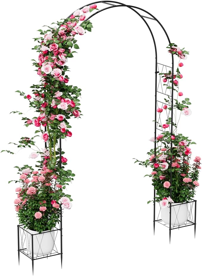 Metal Garden Arch Trellis for Climbing Plants Outdoor, 8.2FT Garden Arbors Archway Arched Trellis with Planter Boxes, Wedding Arches for Ceremony Arch Backdrop Stands for Party Decorations, Black
