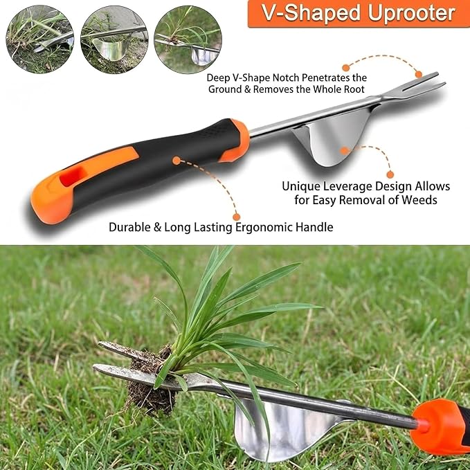Weed Puller Tool, 3 Pack Hand Weeder Tool, Stainless Steel Dandelion Remover for Lawn Care, 4 Teeth Manual Crack Weeder for Garden, Flower Beds, Patio, L-Shaped Weeding Tool with Ergonomic Handle