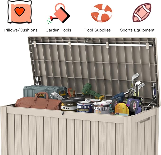 Mars Villa 150 Gallon Outdoor Storage Box, Resin Deck Box Waterproof for Patio Furniture Cushions, Pool Supplies, Gardening Tools, Weatherproof and UV Resistant, Greige