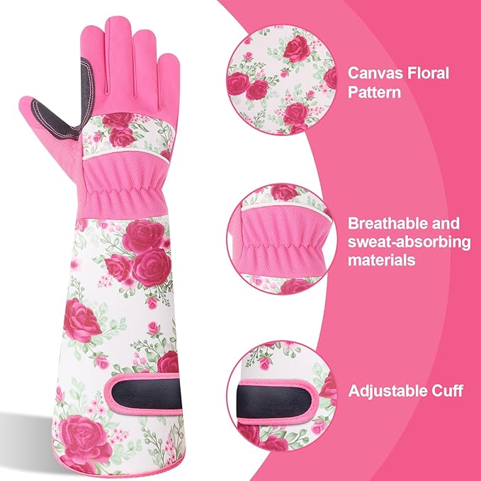 DLY Gardening Gloves, Garden Gloves for Women, long gardening gloves for Garden Work and Yard,Durable and Comfortable(Medium, Rose Red)