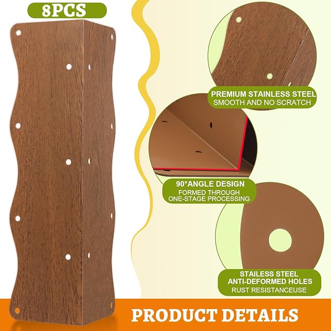 8 Pcs Raised Garden Bed Corner Brackets Heavy Duty Metal Raised Bed Corners and Connectors for Wood(11"x3"x3"), Brown L-Shape Wavy Connectors with Screws, fits for 20"-24" Raised Beds