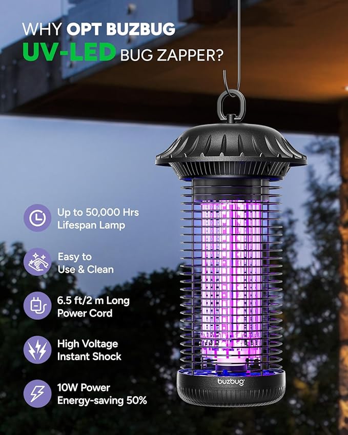 Buzbug LED Bug Zapper Indoor Outdoor, Up to 50,000 Hours Lifespan Lamps, 6.5 ft Power Cord, High-Voltage, Mosquito Zapper, Fly Trap Mosquito Trap, Fly Killer Fly Zapper -MO008C