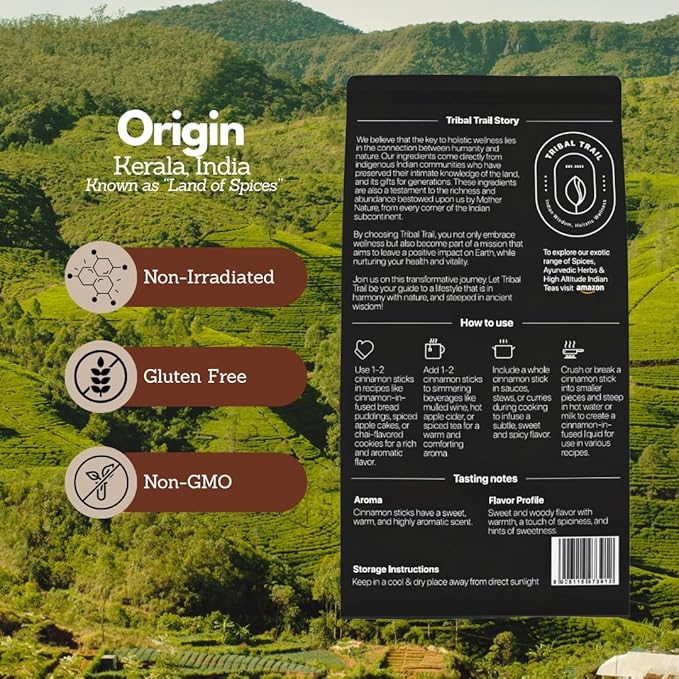Tribal Trail Organic Cinnamon Sticks | 2.12 oz | USDA Organic & Non-GMO | Recyclable Kraft Bags | Best for Cooking, Coffee, Teas, & Bread | Ethically Sourced Spices from South India