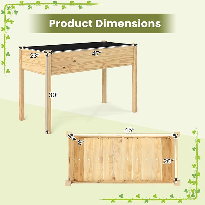 Giantex Raised Garden Bed, Elevated Wood Planter Box with Liner, 47"x23"x30" Freestanding Raised Bed for Indoor Outdoor Plants, Vegetables Flower Herbs Fruit Gardening