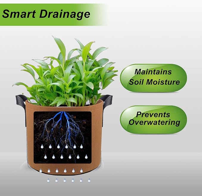 3 Gallon Breathable Fabric Grow Bags 5pcs Set Brown Reusable Planter Pots with Handles for Outdoor Gardening Vegetables Flowers Herbs Tomato Strawberry Raised Bed Plant Container Aeration