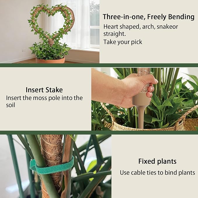 3 Moss Poles in 1, Bendable Monstera Plant Support, 30IN Tall Plant Stakes for Indoor Plants, Coir Pole Plant Support for Climbing Plants, Pothos, Philodendron-1 Pack