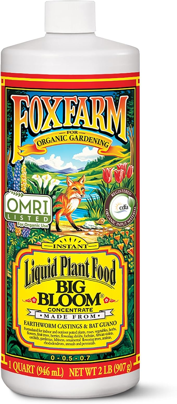 Fox Farm Big Bloom Liquid Plant Food - Organic Bloom Fertilizer for Flowering & Fruiting Plants, Contains Earthworm Castings & Bat Guano - Supports All Stages of Plant Growth - 0-0.5-0.7 NPK, 1 Quart